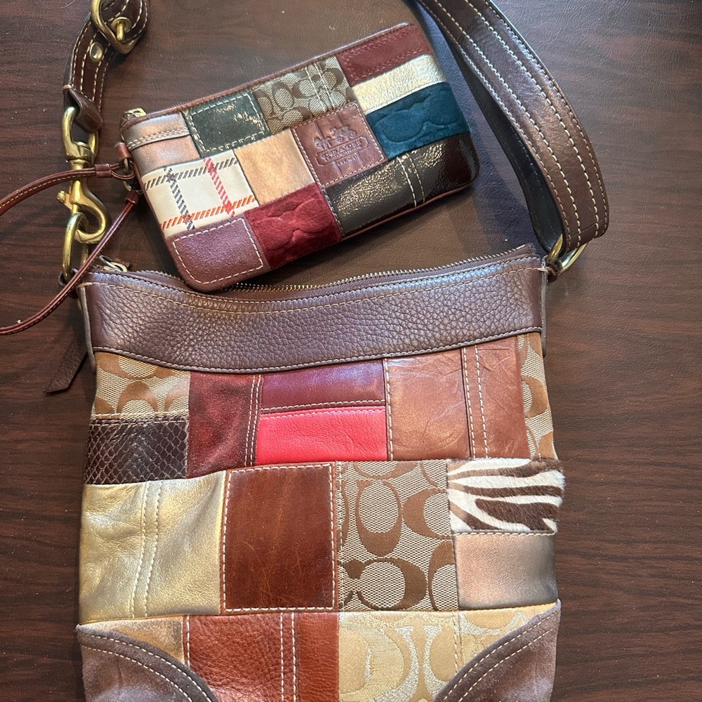 Coach Brown and Red Crossbody Bag with Patchwork Design